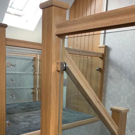 Oak Balustrade Glass Panels & Chrome Brackets