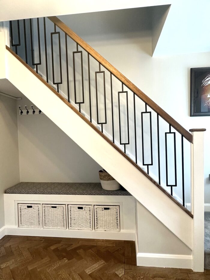 Mixed plain and decorative metal spindles with timber